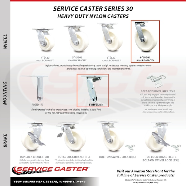 8 Inch Stainless Steel Nylon Wheel Swivel Caster With Roller Bearing SCC